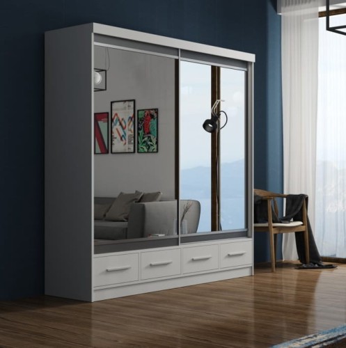 Szafa przesuwna MARKO 200 cm Biały/Lustro + Szary Lacobel