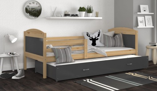 Łóżko Parterowe Podwójne MATEO P2 200x90, Sosna / Szare Wstawki, Pokój Dziecięcy