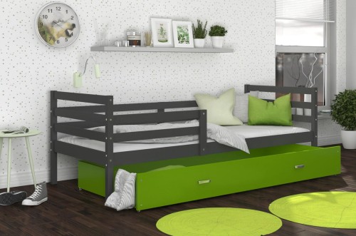 Łóżko Parterowe JAREK P 190x80, Szary / Zielona Szuflada, Pokój Dziecięcy