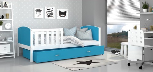 Łóżko Parterowe RAMI P 200x90, Biel / Błękitne  Wstawki, Pokój Dziecięcy