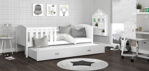 Łóżko Parterowe RAMI P 200x90, Biel / Biała Szuflada / Naklejki, Pokój Dziecięcy