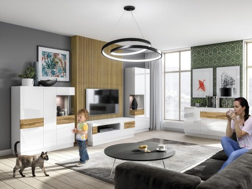 Aranżacja Meblościanki SILKE Biały Połysk / Dąb Wotan