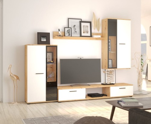 Nowoczesna meblościanka do salonu Biała Dąb Artisan