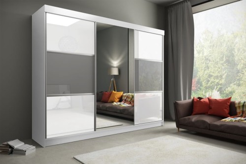 Szafa GAJA 250 cm Biały/Biały Lacobel + Szary Lacobel