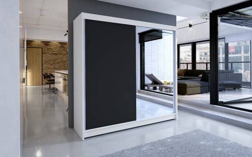 Szafa Kalin jest szeroka na 180cm. Korpus biały, fronty czarne z lustrem.