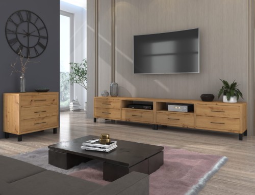 Zestaw mebli do salonu : dwie szafki RTV + komoda REMI Dąb Artisan.