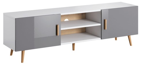 Szafka pod telewizor na drewnianych nóżkach Brillo RTV - Szary Połysk / Biały Mat.