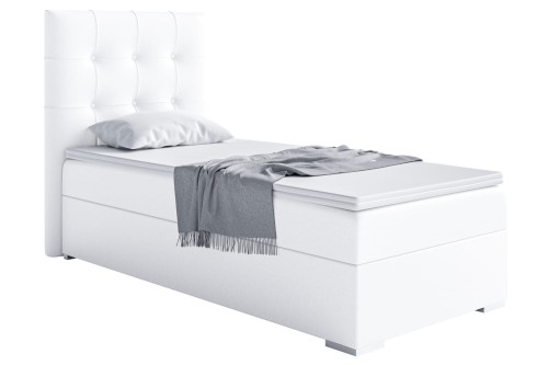 Eleganckie łóżko kontynentalne, pojedyncze do pokoju dziecka DENI- biała ekoskóra/ prawa.