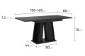 Wymiary stołu DORA I rozłożony czarny marmur czarny.