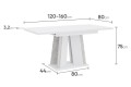 Wymiary stółu DORA I rozłożony do salonu biały mat-beton.
