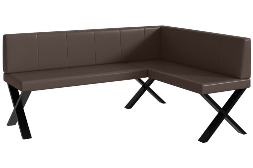 Ławka do jadalni PETER 128x168x87 cm brązowa ekoskóra, nogi x, przeszycia pionowe w aranżacji.