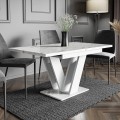 Stół nowoczesny rozłożony VISA z batem biały marmur i białą podstawą-widok z boku.
