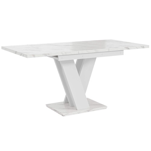 Stół VISA z batem biały marmur i białą podstawą-rozłożony.