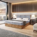 Łóżko boxspring jasnoszary z materacem i pojemnikiem WOODIN 2 zamknięty.