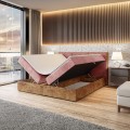 Łóżko boxspring rózowe z materacem i pojemnikiem WOODIN 2 otwarty.