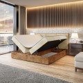 Łóżko boxspring beżowy z materacem i pojemnikiem WOODIN 2 otwarty.
