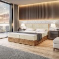 Łóżko boxspring beżowy z materacem i pojemnikiem WOODIN 2 zamknięty.