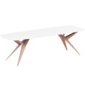 Stół AKIS rozłożony nowoczesny na miedzianej podstawie-biel arktyczna.