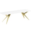 Stół AKIS rozłożony nowoczesny na złotej podstawie-biel arktyczna.