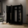 Szafa czarna uchylna trzydrzwiowa  z drążkami i półkami PORTA 150 cm-złote uchwyty.