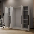Szafa czterodrzwiowa uchylna z półkami biała z czarnymi uchywtami PORTA-otwarta.