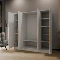 Szafa biała czterodrzwiowa uchylna z czarnymi uchwytami PORTA 200 cm-otwarta z dolną półką.