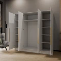 Szafa biała czterodrzwiowa uchylna z czarnymi uchwytami PORTA 200 cm-otwarta z górą półką.