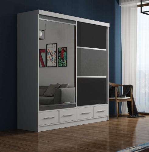 Szafa przesuwna z lustrem i szufladami MARKO II 200 cm Biały/Czarny Lacobel + Szary Lacobel