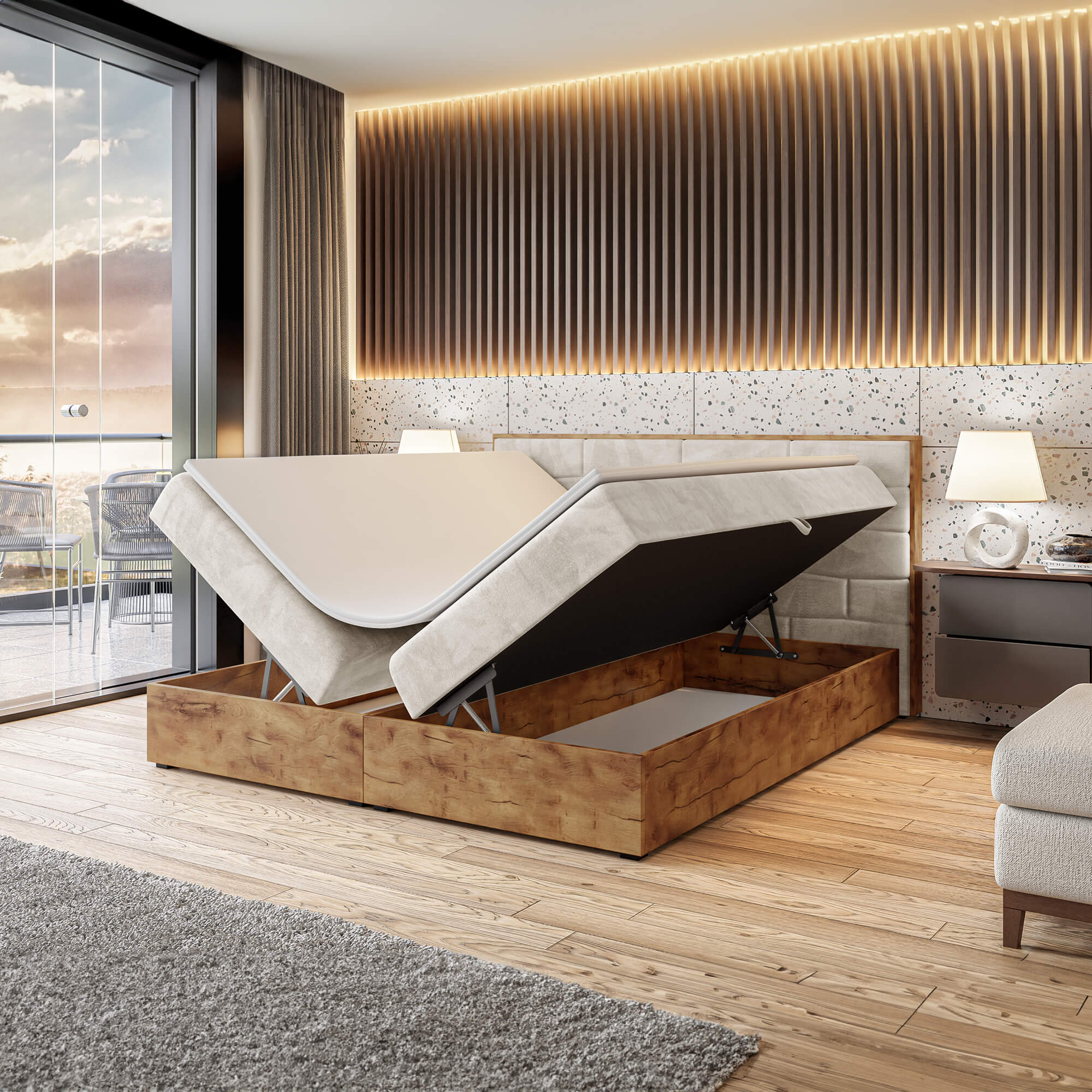Łożko woodin 9 kremowe boxspring z pojemnkiem otwarte.jpg