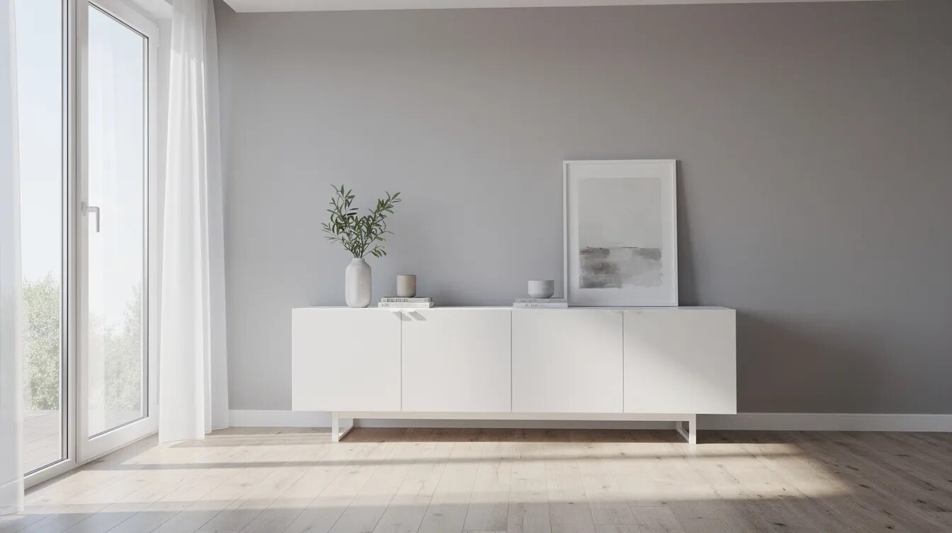 Jasny salon z białą komodą na tle szarej ściany