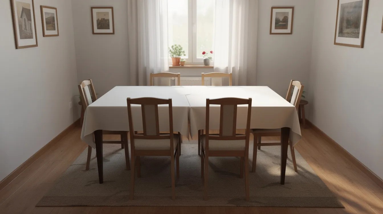 Stół wigilijny z dwóch dostawionych blatów pod jednym białym obrusem