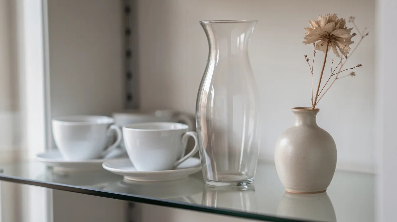 Filiżanki, szklana karafka i ceramiczny wazon na szklanej półce witryny