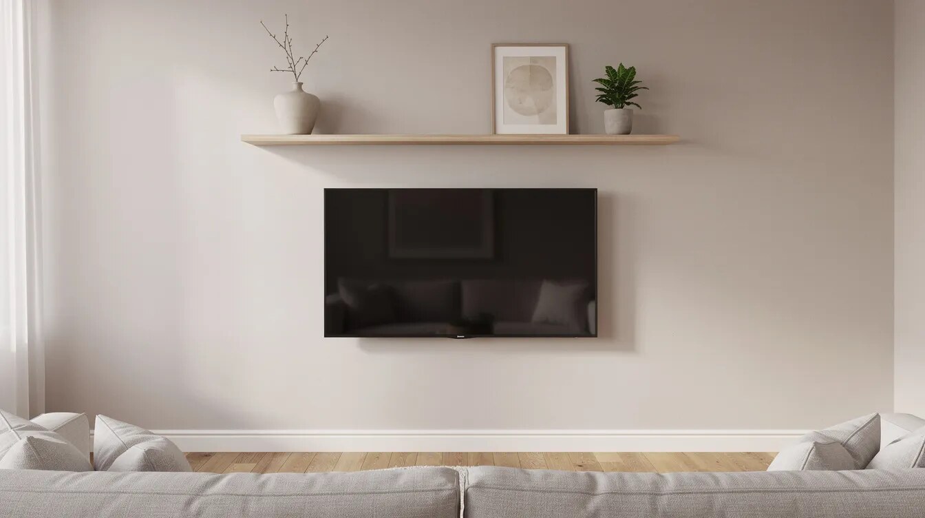 Półka nad telewizorem z wazonem, oprawioną grafiką i małą rośliną