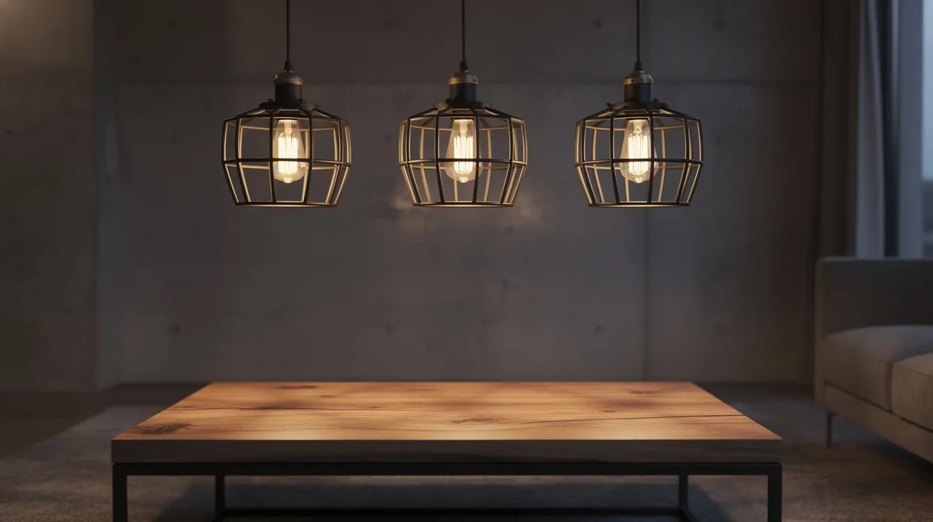 Industrialne lampy wiszące z odsłoniętymi żarówkami i czarnymi kloszami nad drewnianą ławą