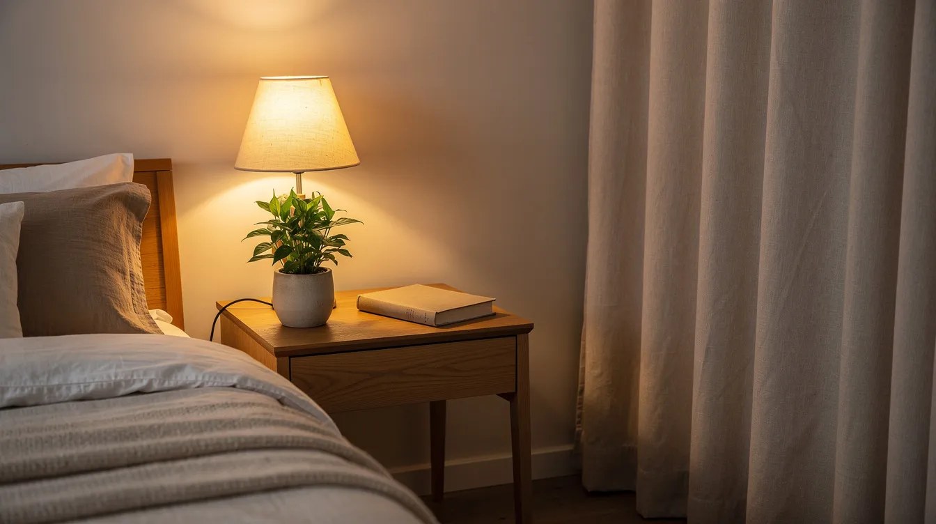 Lampka nocna na stoliku przy łóżku w pokoju gościnnym