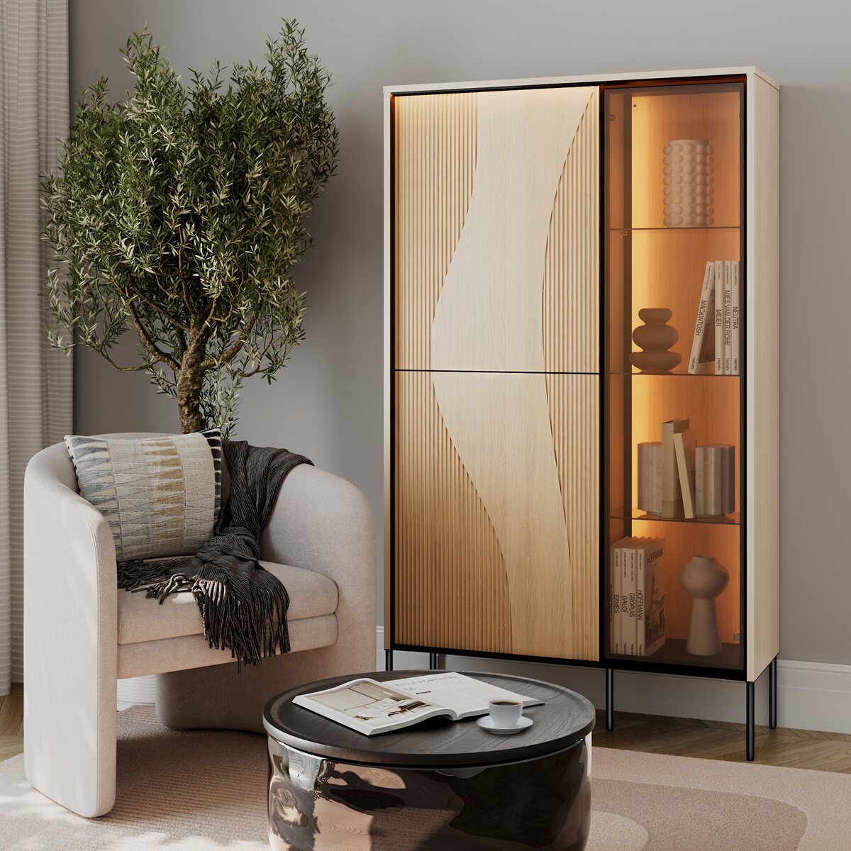 Witryna FLOW z częścią przeszkloną i zamkniętą, z książkami i ceramiką