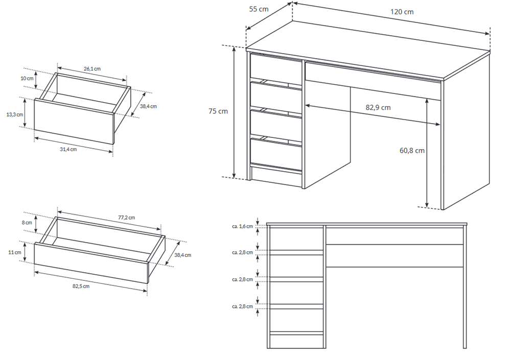 Szczegółowy wymiary biurka ADELA